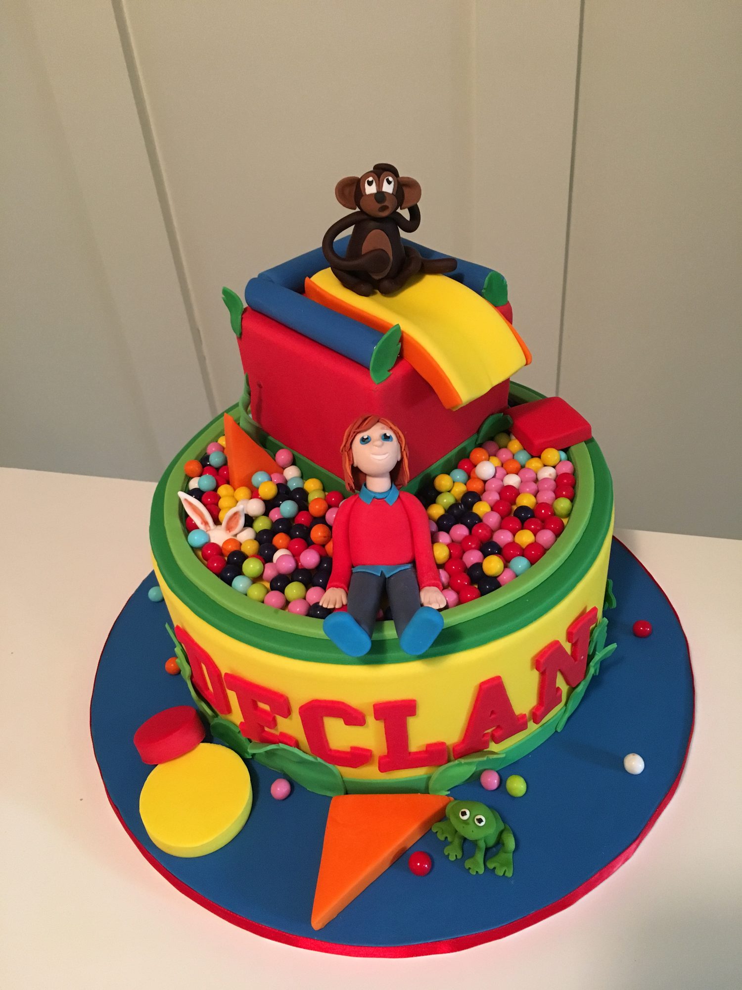 Jungle gym birthday cake with a ball pit and slide